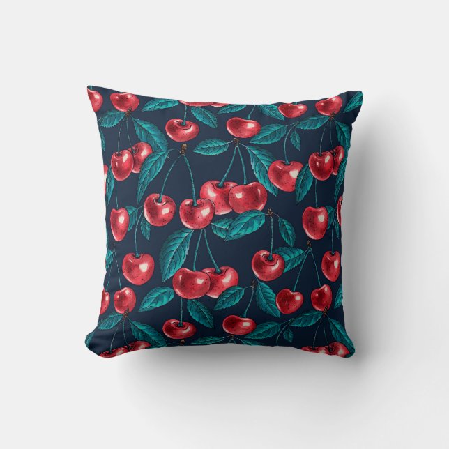 Coussin Cerises rouges sur bleu foncé (Recto)