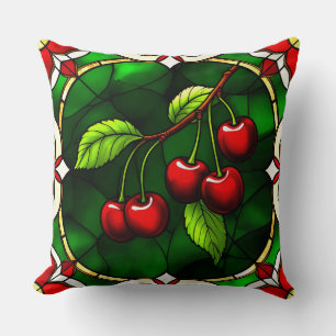 Coussin Cerises sur feuilles vertes avec un vitrail