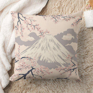 Coussin Cerisier Rose Pâle Sakura Mont Fuji Motif Scénique
