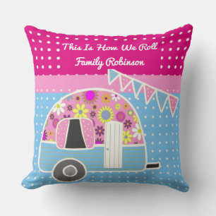 Coussin C'Est Comme Ça Que Nous Roulions Pink Blue Camperv