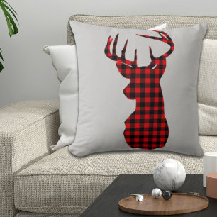 Coussin chalet de campagne rouge plaid buffalo Noël cerf