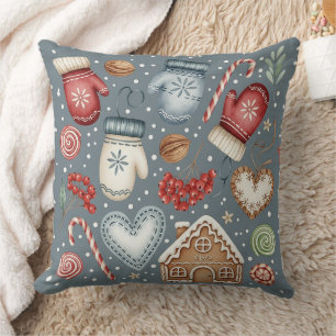Coussin Chalet d'hiver - Mitaines, pain d'épice & friandis