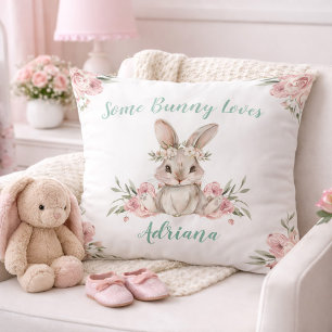 Coussin Chambre de bébé fille lapin floral rose mignon