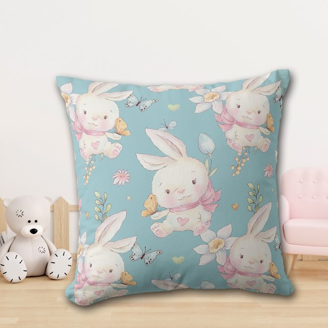 Coussin Chambre de bébé Lapin Blanc et Papillons (Créateur téléchargé)