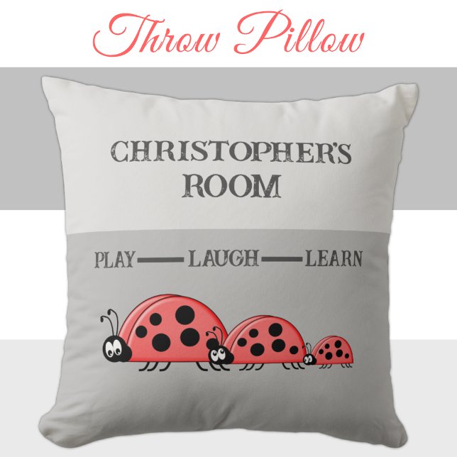 Coussin Chambre de l'enfant Ladybugs nom personnalisé gris (Créateur téléchargé)