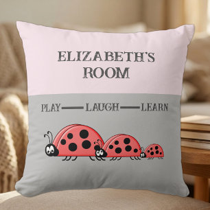 Coussin Chambre d'enfant coccinelles nom personnalisé gris