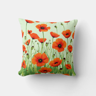 Coussin Champ de coquelicots orange vibrant aquarelle été