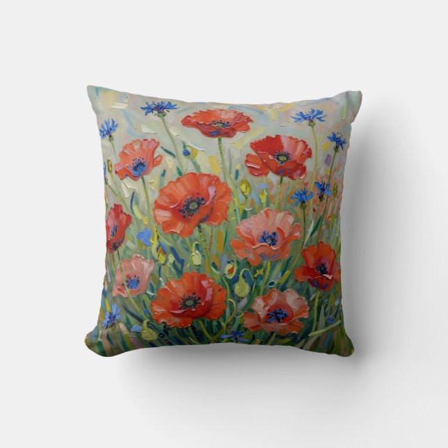 Coussin Champ de Coquelicots Rouges Impressionniste (Recto)