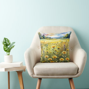Coussin Champ de fleurs sauvages avec arc-en-ciel en aquar
