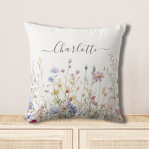Coussin Champ de fleurs sauvages jolies rustiques aquarell