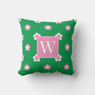 Coussin Champ de marguerites preppy – Monogramme rose et v