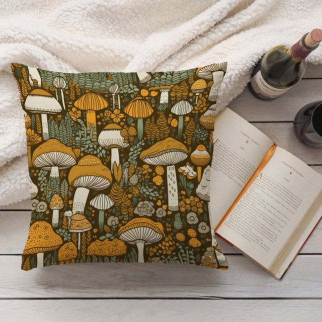 Coussin Champignons Brown Botanique Vintage (Retro orange mushrooms on brown decorator pillow)