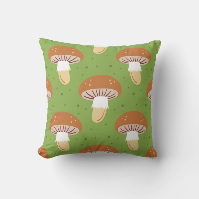 Coussin Champignons d'automne : motif sans couture verte. (Recto)