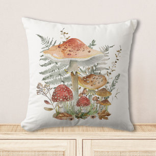 Coussin Champignons et feuilles de fougère aquarelle vinta
