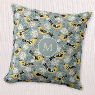Coussin Chardonneret et Rhododendron Oiseau Fleur Monogram