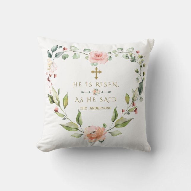Coussin Charm Rose Blush Coeur Floral Il Est Ressuscité Pâ (Recto)