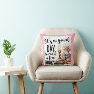 Coussin Charmant bon jour pour lire quelques livres rose