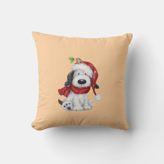 Coussin Charmant chien de Noël avec chapeau de Père Noël & (Recto)