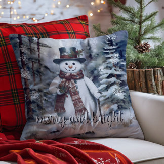 Coussin Charmant Snowman Aquarelle Forêt d'hiver