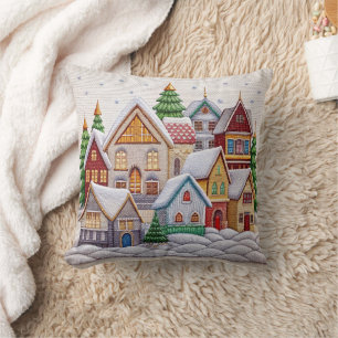 Coussin Charmante Broderie Village d'hiver Jeu d'oreiller