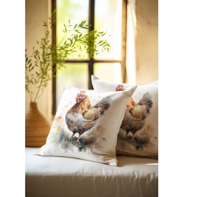 Coussin Charme de la ferme : Aquarelle de poulet (Créateur téléchargé)