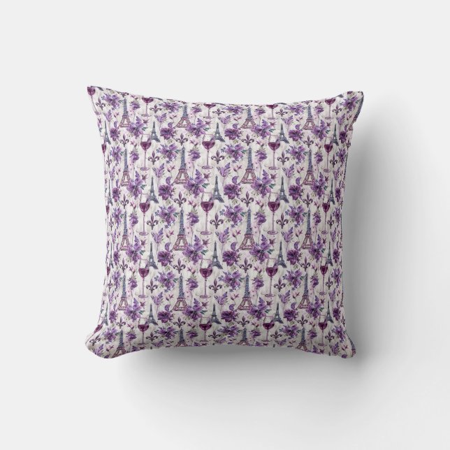 Coussin Charme parisien Violet Tour Eiffel et Floral (Recto)