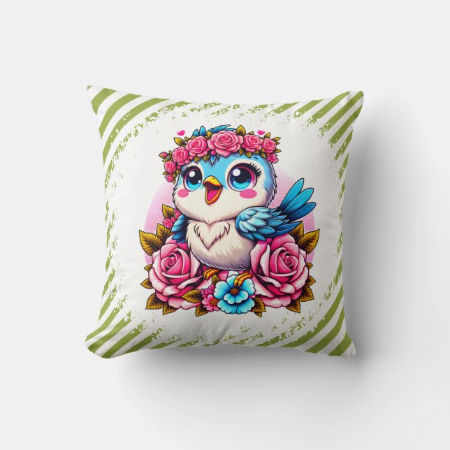 Coussin Charming Blue Owl with Roses (Recto)