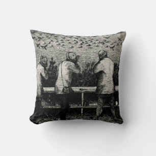 Coussin Chasseurs de canard Scène de chasse noire et blanc