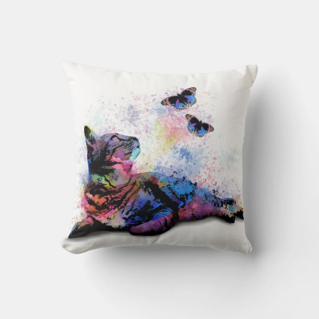 Coussin Chat 614 papillon bleu rose (Recto)