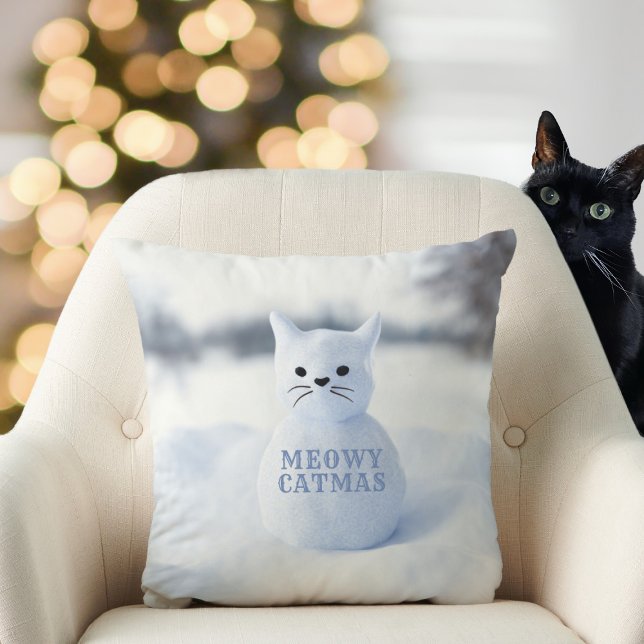 Coussin Chat à neige mignonne Meowa Catmas Snowflakes Noël (Meowy Catmas! Here's a fun & festive snow cat/winter snowflakes pillow. Your cat will love it! 😺)