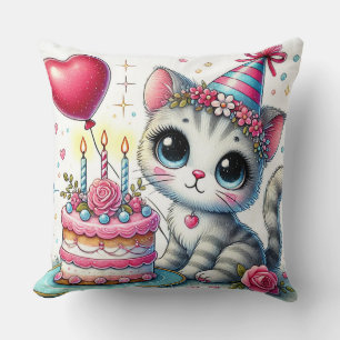 Coussin Chat adorable célébrant son anniversaire avec un g