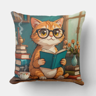 Coussin Chat adorable portant des lunettes lisant un livre