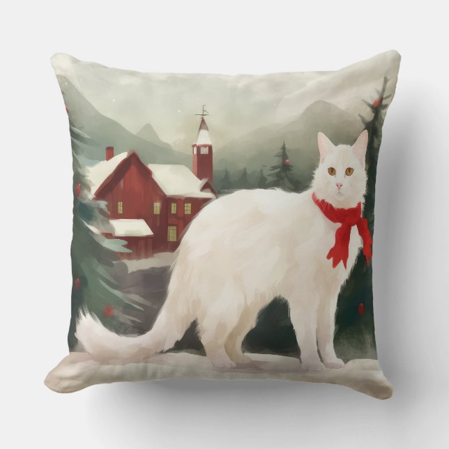 Coussin Chat Angora turc en Noël de neige (Recto)