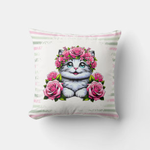 Coussin Chat Blanc Charmant avec Couronne Florale