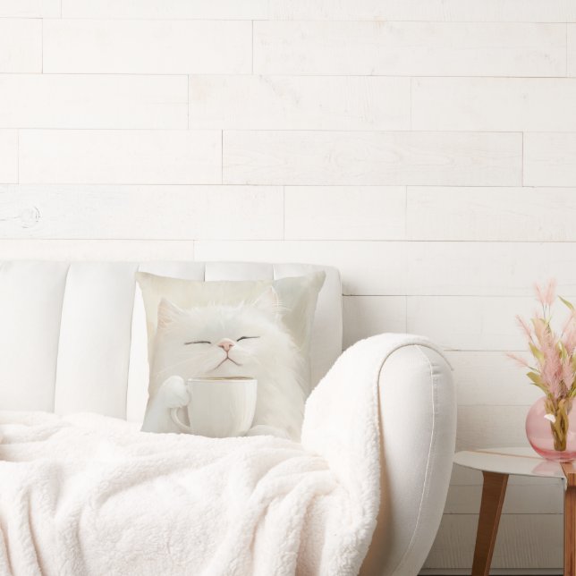 Coussin Chat blanc Fluffy Boire Café - Cosy Whimsical (Canapé)