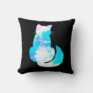 Coussin Chat Blanc Rose Bleu Dos Tourné Abstrait
