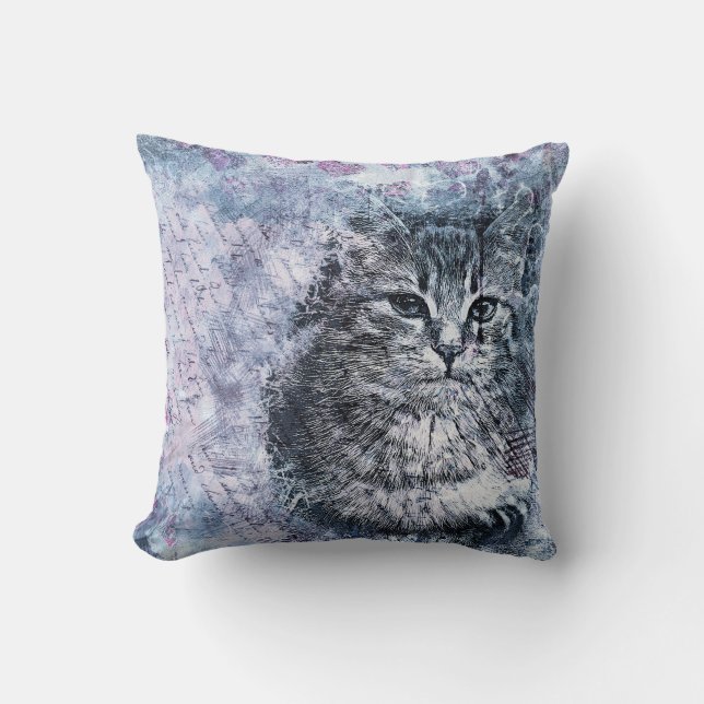 Coussin Chat bleu d'aquarelle pourpre (Recto)