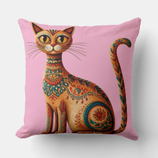 Coussin Chat bohème tribal mignon art folklorique avec des
