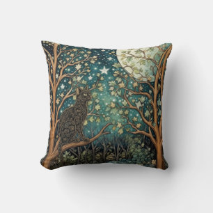 Coussin Chat boho ciel nocturne étoilé forêt boisée