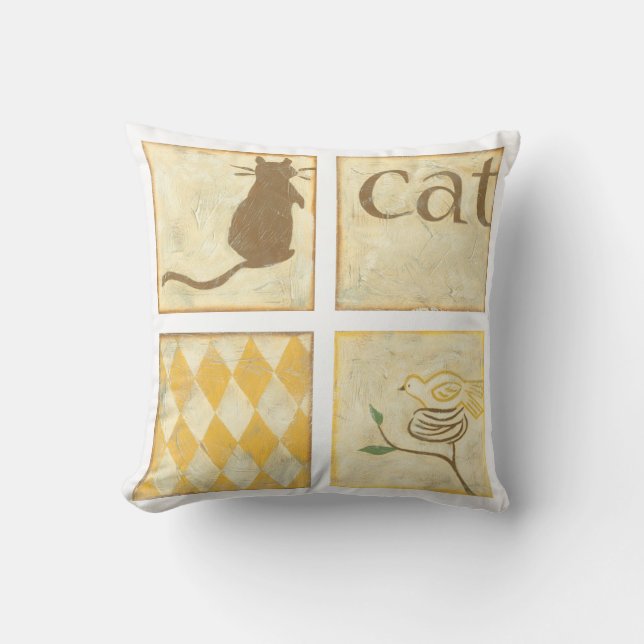 Coussin Chat Brown et oiseau jaune par Chariklia Zarris (Recto)