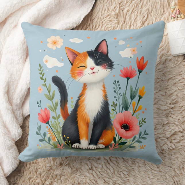 Coussin Chat Calico souriant dans le jardin fleuri (Couverture)