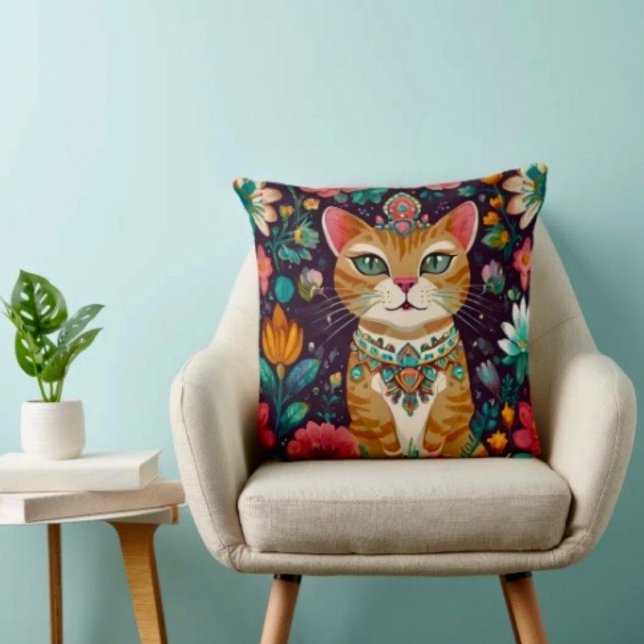 Coussin Chat couronné orné de bijoux (Throw Pillow 100% polyester heavyweight stretch material. Hidden zipper Made in the USA.
)