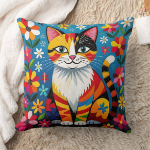 Coussin Chat d'art populaire Boho, fleurs et papillon  