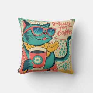 Coussin Chat de dessin animé de style rétro portant des lu