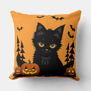 Coussin Chat de dessin animé et citrouilles sous la pleine
