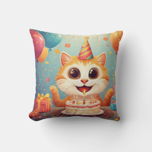 Coussin Chat de fête adorable avec gâteau et ballons