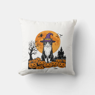 Coussin Chat de Halloween Sorcière Citrouille Vintage Épou