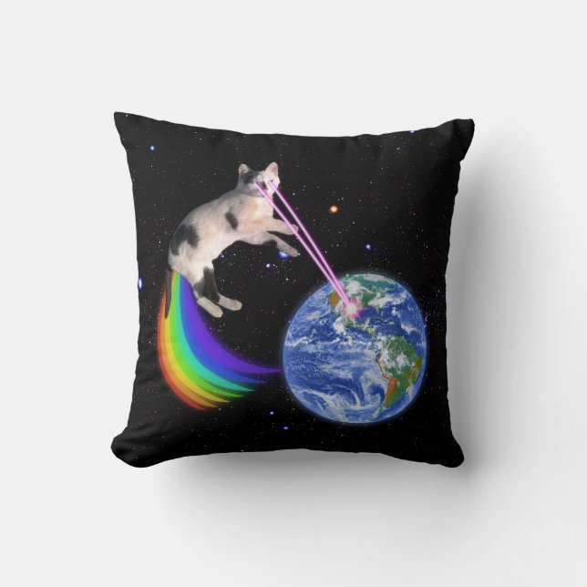 Coussin Chat de l'espace arc-en-ciel laser (Recto)