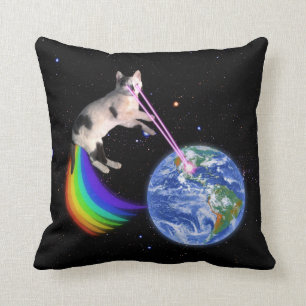 Coussin Chat de l'espace arc-en-ciel laser