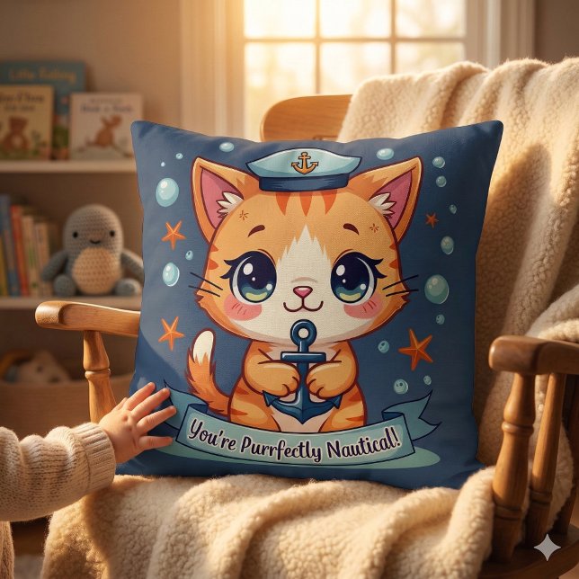 Coussin Chat de navigation Kawaii Pun d'ancre (Kawaii Nautical Cat Sailing Anchor Pun Throw Pillow Mockup D)